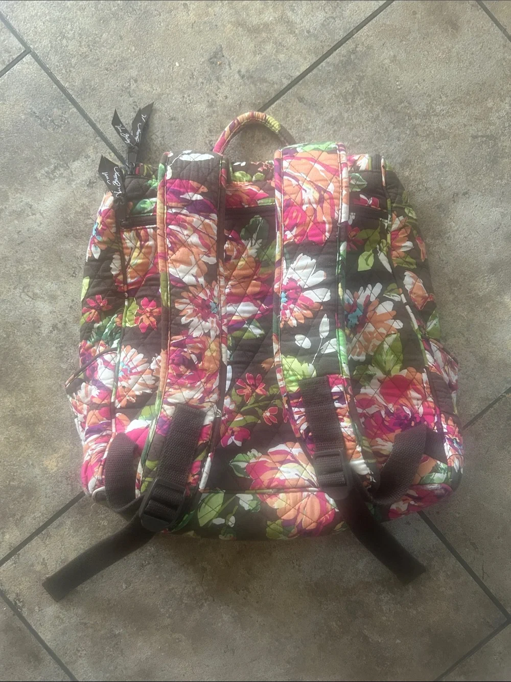 Vera Bradley Brown Quilted Floral Backpack with Pink & Orange Accents